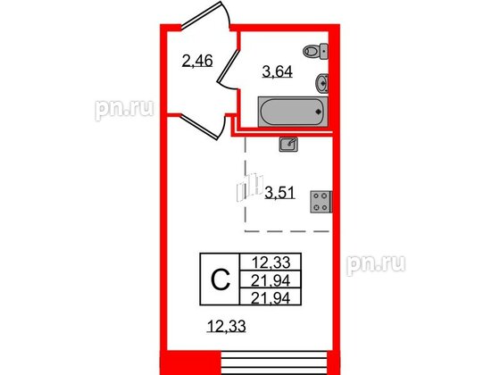 Квартира в ЖК Удача, студия, 21.6 м², 1 этаж