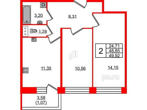 Квартира в ЖК Удача, 2 комнатная, 49.92 м², 5 этаж