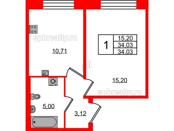 Квартира в ЖК Удача, 1 комнатная, 34.03 м², 1 этаж