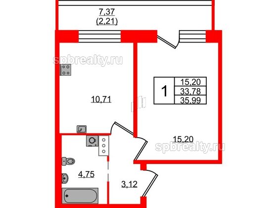 Квартира в ЖК Удача, 1 комнатная, 35.99 м², 4 этаж