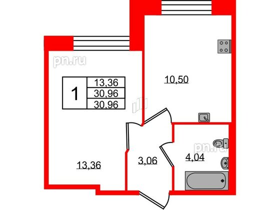 Квартира в ЖК Удача, 1 комнатная, 30.96 м², 1 этаж