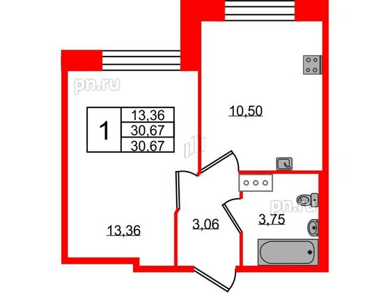 Квартира в ЖК Удача, 1 комнатная, 30.5 м², 2 этаж