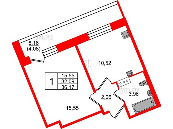 Квартира в ЖК Удача, 1 комнатная, 36.1 м², 3 этаж