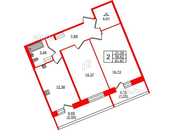 Квартира в ЖК Удача, 2 комнатная, 61.87 м², 9 этаж