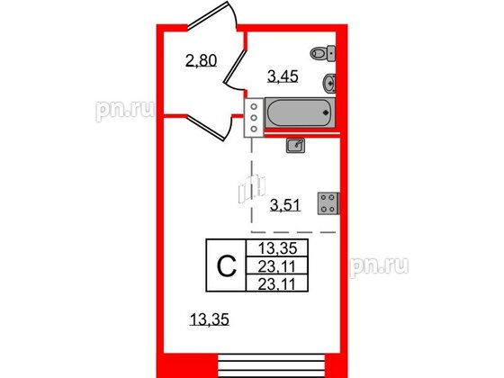 Квартира в ЖК Удача, студия, 23.1 м², 2 этаж