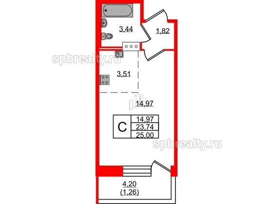 Квартира в ЖК Удача, студия, 24.8 м², 2 этаж