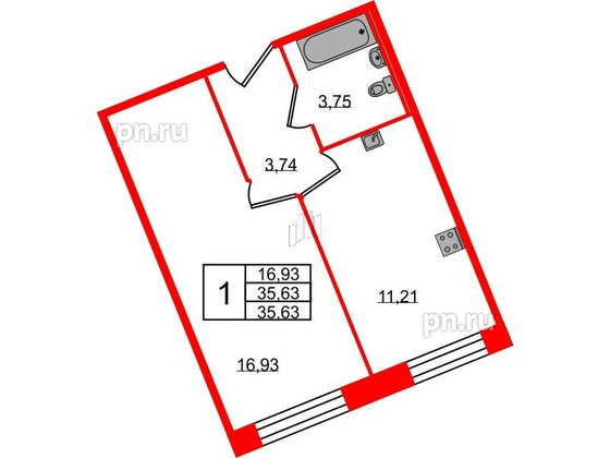 Квартира в ЖК Удача, 1 комнатная, 35.63 м², 1 этаж