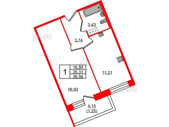 Квартира в ЖК Удача, 1 комнатная, 36.56 м², 3 этаж