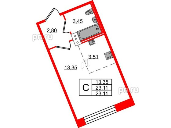 Квартира в ЖК Удача, студия, 23.2 м², 2 этаж