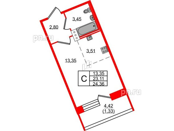 Квартира в ЖК Удача, студия, 24.36 м², 3 этаж