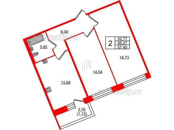 Квартира в ЖК Удача, 2 комнатная, 57.4 м², 1 этаж