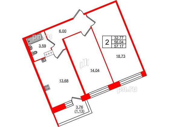 Квартира в ЖК Удача, 2 комнатная, 57.17 м², 12 этаж