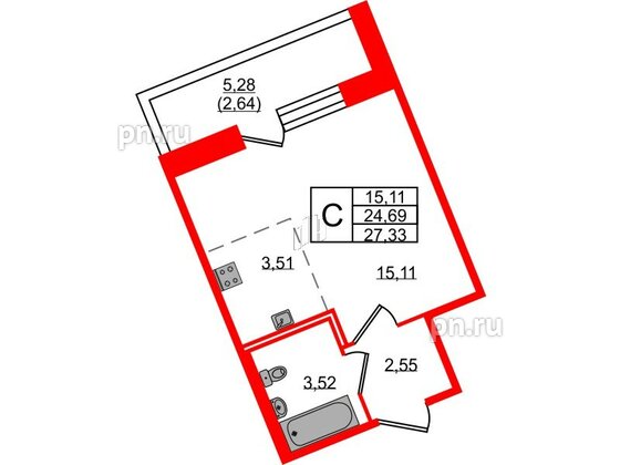 Квартира в ЖК Удача, студия, 27.5 м², 1 этаж