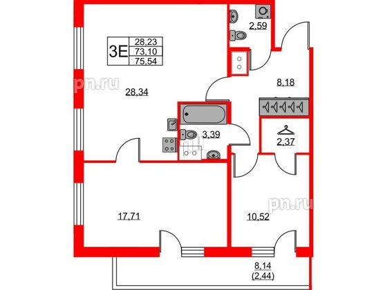 Квартира в ЖК FRIENDS, 2 комнатная, 75.54 м², 25 этаж