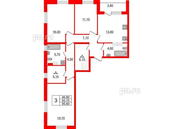 Квартира в ЖК Тайм Сквер, 3 комнатная, 95.6 м², 3 этаж