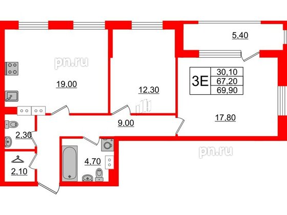 Квартира в ЖК Тайм Сквер, 2 комнатная, 69.9 м², 9 этаж