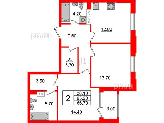 Квартира в ЖК Тайм Сквер, 2 комнатная, 66.7 м², 10 этаж