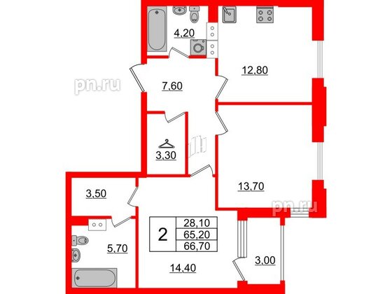 Квартира в ЖК Тайм Сквер, 2 комнатная, 66.7 м², 12 этаж