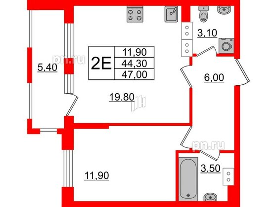 Квартира в ЖК Тайм Сквер, 1 комнатная, 47 м², 9 этаж