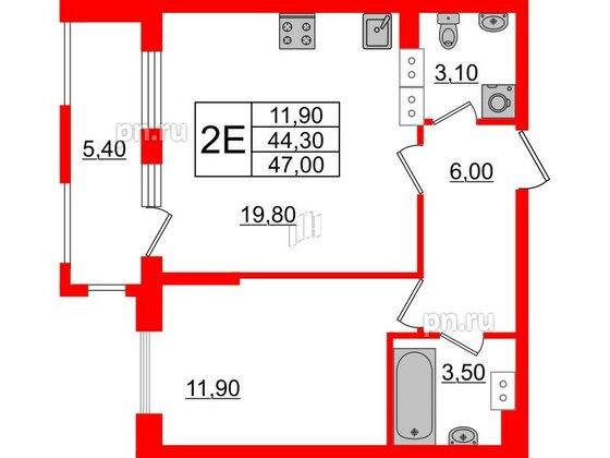 Квартира в ЖК Тайм Сквер, 1 комнатная, 47 м², 13 этаж