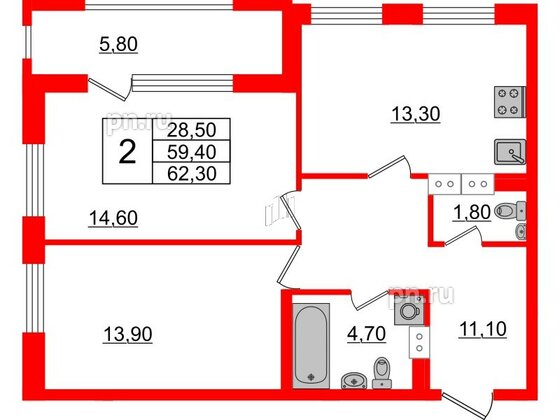 Квартира в ЖК Тайм Сквер, 2 комнатная, 62.3 м², 11 этаж