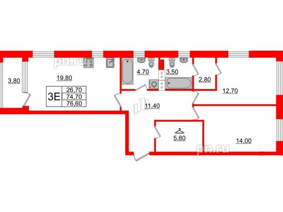 Квартира в ЖК Тайм Сквер, 2 комнатная, 76.6 м², 8 этаж