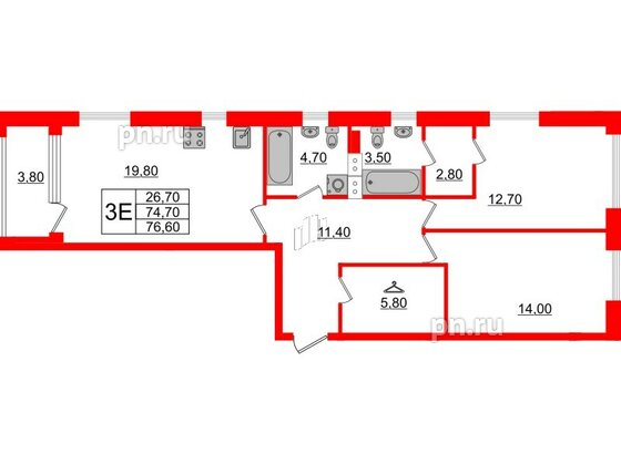 Квартира в ЖК Тайм Сквер, 2 комнатная, 76.6 м², 12 этаж