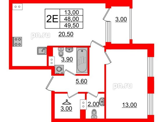 Квартира в ЖК Тайм Сквер, 1 комнатная, 49.5 м², 10 этаж