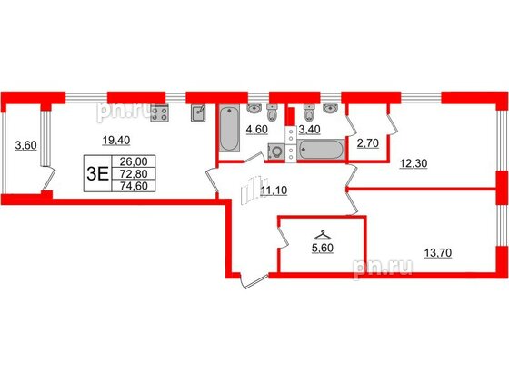 Квартира в ЖК Тайм Сквер, 2 комнатная, 74.6 м², 9 этаж