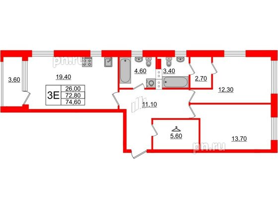 Квартира в ЖК Тайм Сквер, 2 комнатная, 74.6 м², 10 этаж