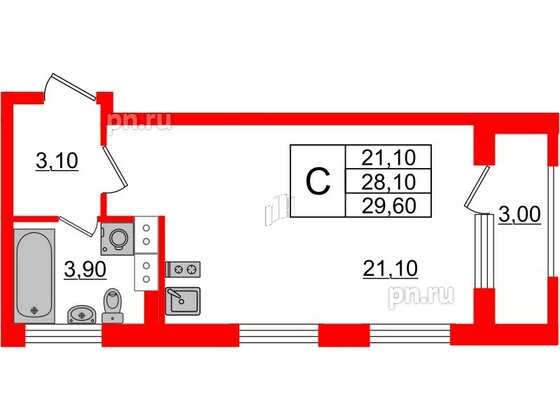 Квартира в ЖК Тайм Сквер, студия, 29.6 м², 9 этаж