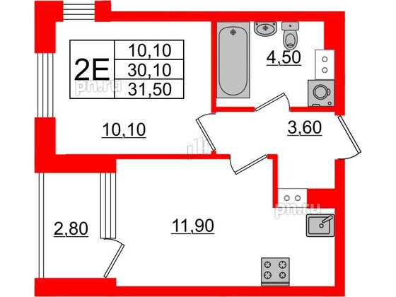 Квартира в ЖК Тайм Сквер, 1 комнатная, 30.9 м², 13 этаж