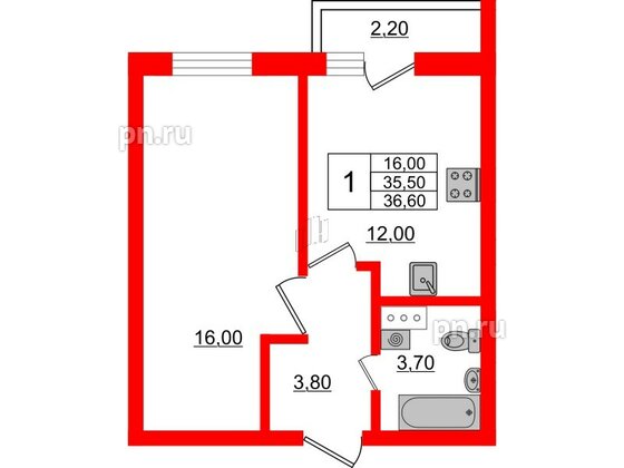 Квартира в ЖК «Дуэт», 1 комнатная, 36.8 м², 3 этаж