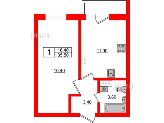 Квартира в ЖК «Дуэт», 1 комнатная, 36.7 м², 4 этаж