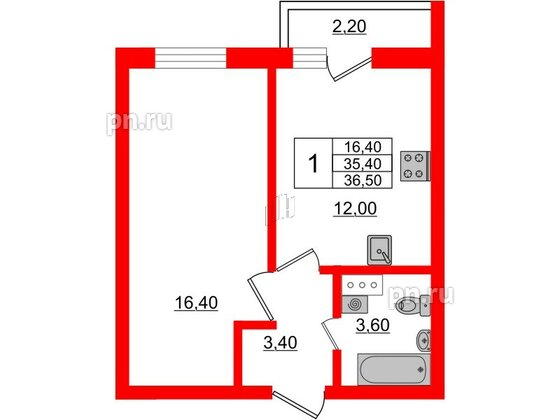 Квартира в ЖК «Дуэт», 1 комнатная, 36.8 м², 6 этаж