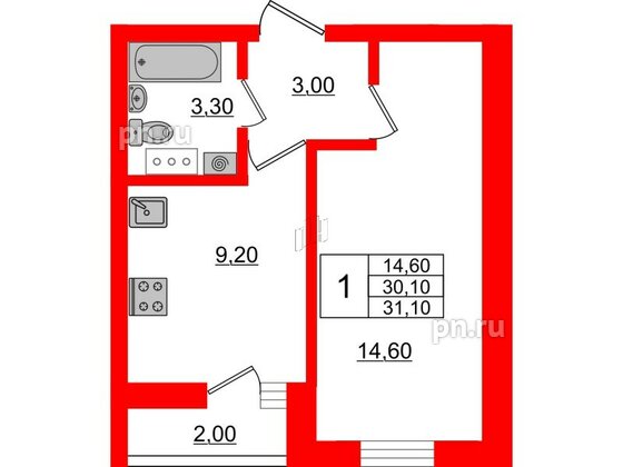 Квартира в ЖК «Дуэт», 1 комнатная, 31.5 м², 3 этаж