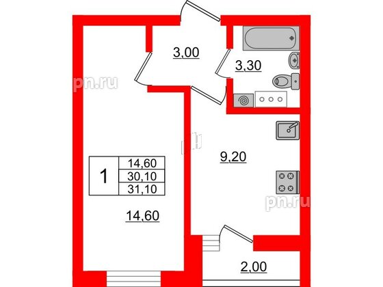 Квартира в ЖК «Дуэт», 1 комнатная, 31.6 м², 3 этаж