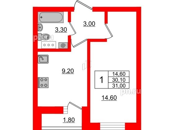 Квартира в ЖК «Дуэт», 1 комнатная, 31.7 м², 7 этаж