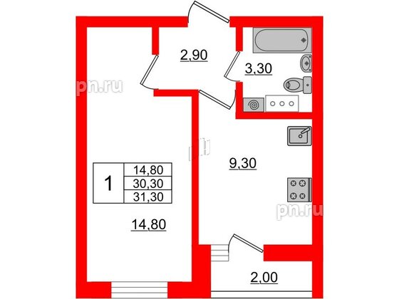 Квартира в ЖК «Дуэт», 1 комнатная, 31.6 м², 6 этаж