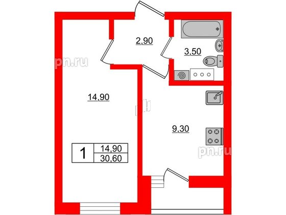 Квартира в ЖК «Дуэт», 1 комнатная, 31.6 м², 7 этаж