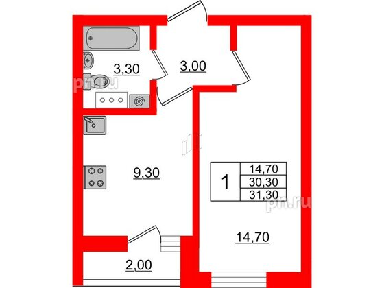 Квартира в ЖК «Дуэт», 1 комнатная, 31.8 м², 3 этаж