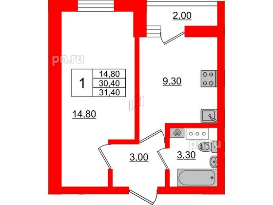 Квартира в ЖК «Дуэт», 1 комнатная, 31.9 м², 4 этаж