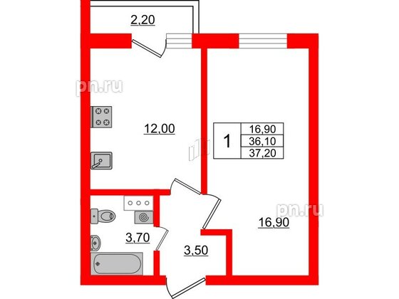 Квартира в ЖК «Дуэт», 1 комнатная, 37.3 м², 2 этаж