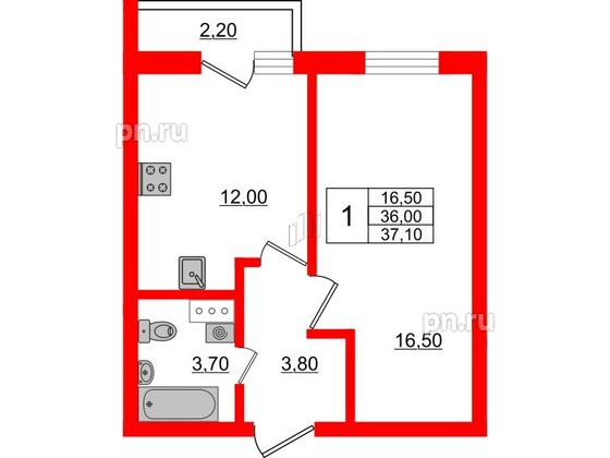 Квартира в ЖК «Дуэт», 1 комнатная, 37.3 м², 6 этаж