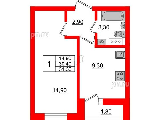 Квартира в ЖК «Дуэт», 1 комнатная, 31.6 м², 6 этаж