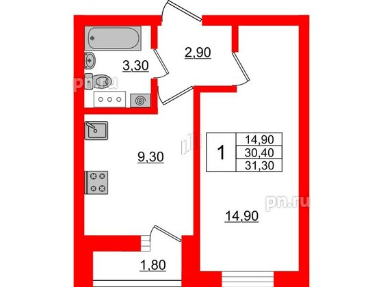 Квартира в ЖК «Дуэт», 1 комнатная, 31.6 м², 6 этаж