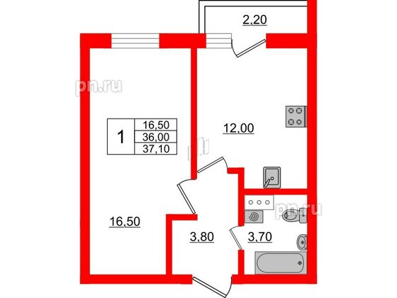 Квартира в ЖК «Дуэт», 1 комнатная, 37.2 м², 4 этаж