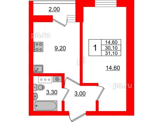 Квартира в ЖК «Дуэт», 1 комнатная, 31.5 м², 6 этаж