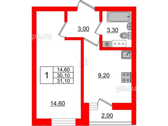 Квартира в ЖК «Дуэт», 1 комнатная, 31.6 м², 4 этаж