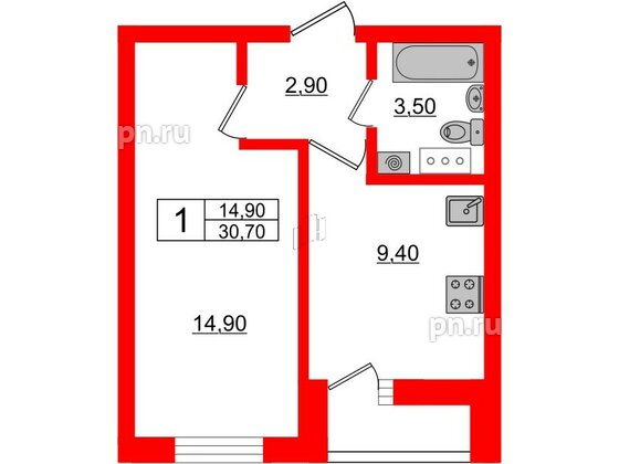 Квартира в ЖК «Дуэт», 1 комнатная, 31.6 м², 5 этаж